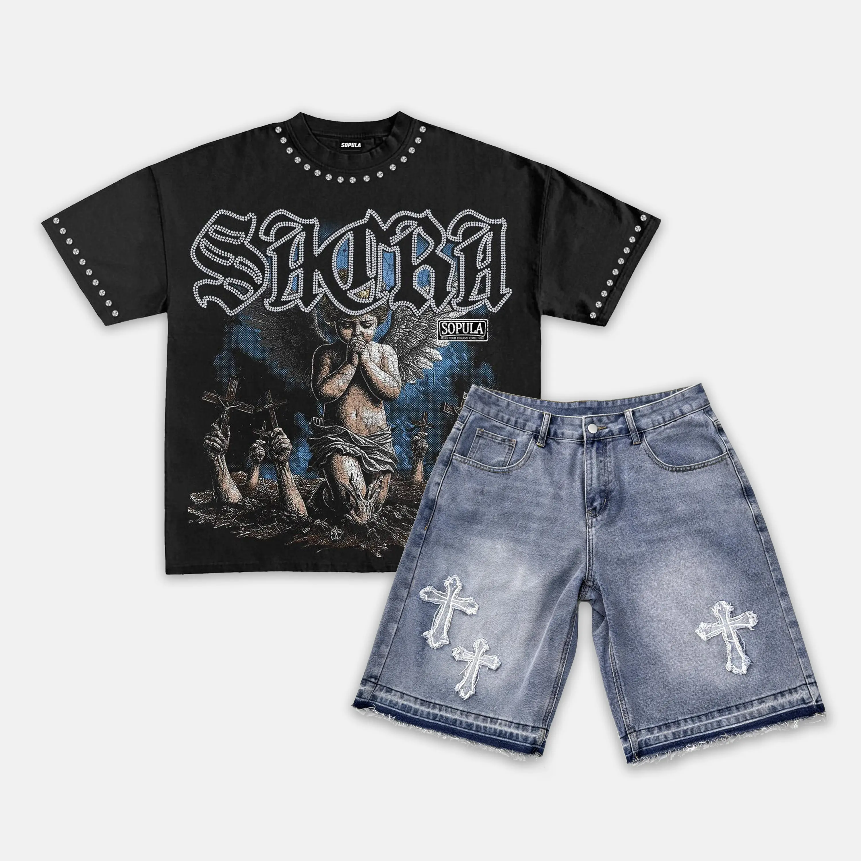 Sopula Studio Menswear 2-Piece Matching Outfits - Short-Sleeve Angel Graphic T-Shirt, Criss Cross Embroidery Denim Jorts, Vintage Hiphop Streetwear Summer Multi-Size Set, Shortsleeve, Clothes, 2 Piece Sets