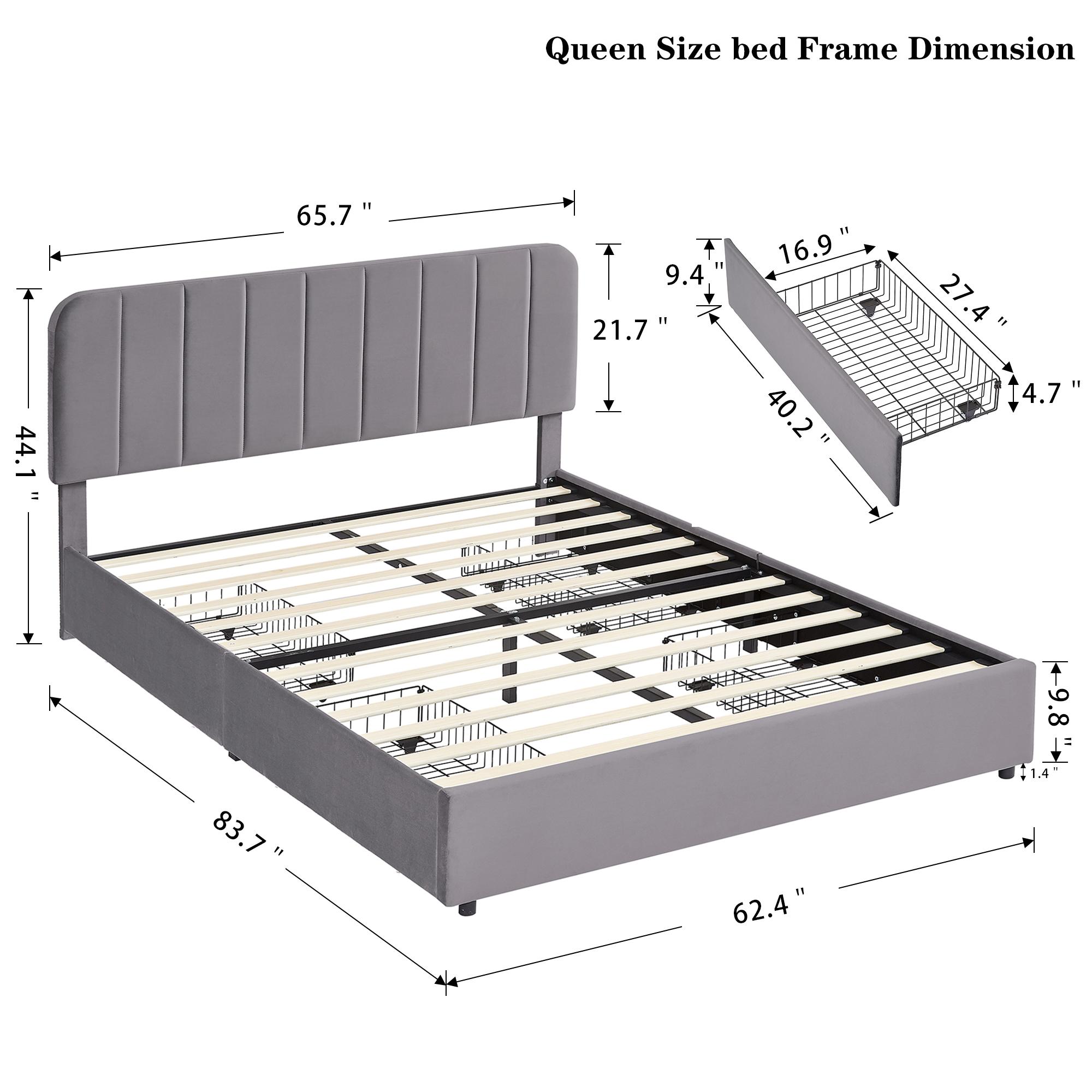 VECELO Storage Bed Frame 4 Storage Drawer Platform Queen Full Size with Upholstered Headboard Wood Slat Support,No Box Spring Needed,Easy Assembly Bed