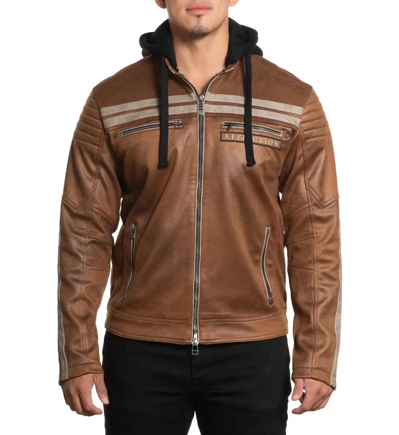 Affliction Men's Quickstrike Gothic Graphic Coat Jacket in Brown Faux Leather, Casual Adaptable Fit, Zipper, Leather & Faux Leather
