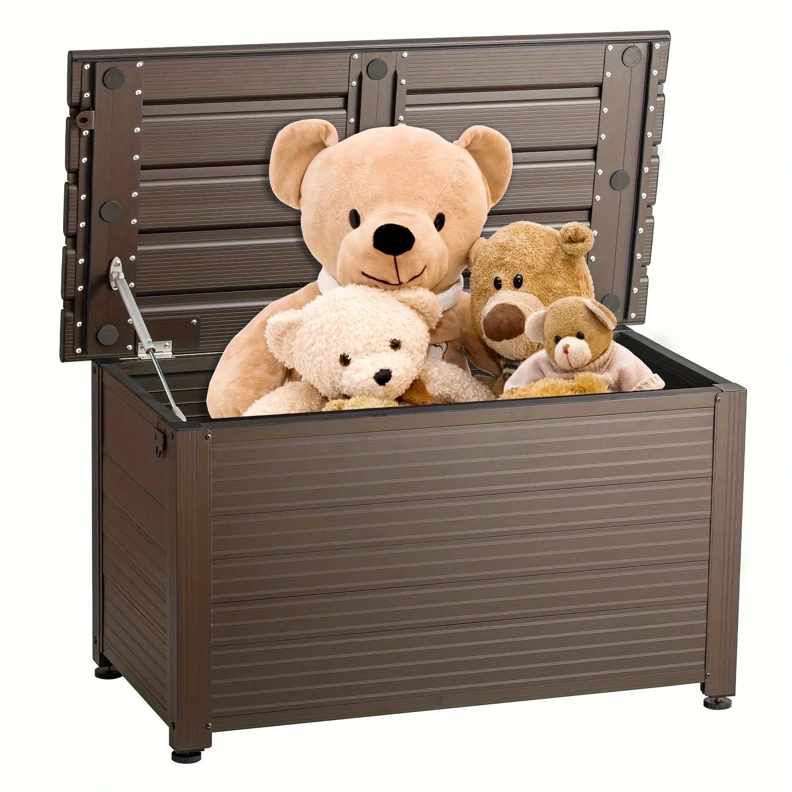 221 Lbs Bearing Capacity Aluminum Deck Box, 2-Tier Lock Outdoor Storage Box, Surface Sun Protection Coating with Flip-Top Air Pump for Silent Opening & Adjustable Feet, Brown, Box,Cabinet,Rack for Outdoor Storage