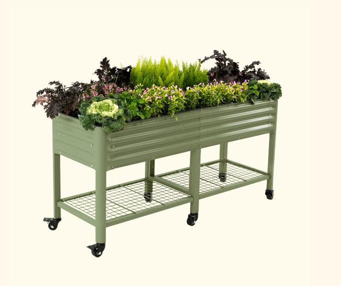 Vego Garden Rolling Elevated Raised Garden Bed V Series with Lockable Wheels & Storage Rack for Patio Porch 700 Lbs Capacity Outdoor Planter Box for Vegetables Flowers Herbs Heavy Duty Olive Green