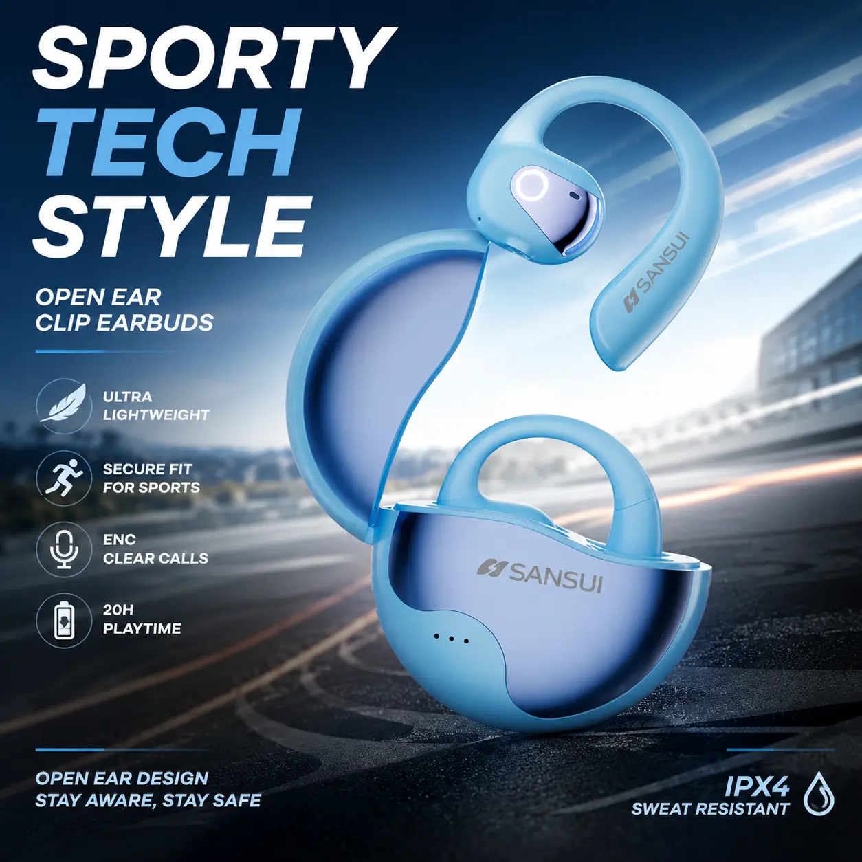SANSUI Open Ear Wireless Headphones, 20H Playtime Sports Earbuds, Aesthetic Bluetooth Earphones Gift for Girlfriend/Boyfriend, Perfect for Running & Gym