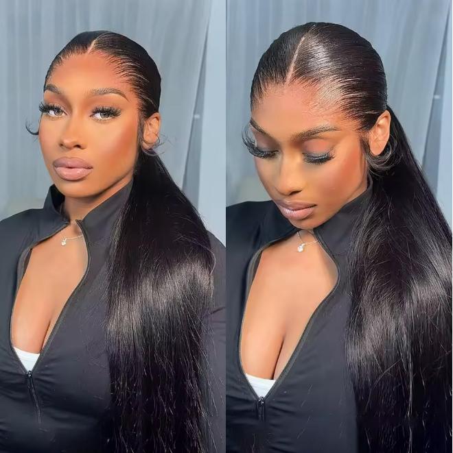 Bling Hair 360 Full Lace Wigs Human Hair Transparent Straight 13x4 Lace Front Wigs For Black Women 180% Density Natural Color Makeup Sponges