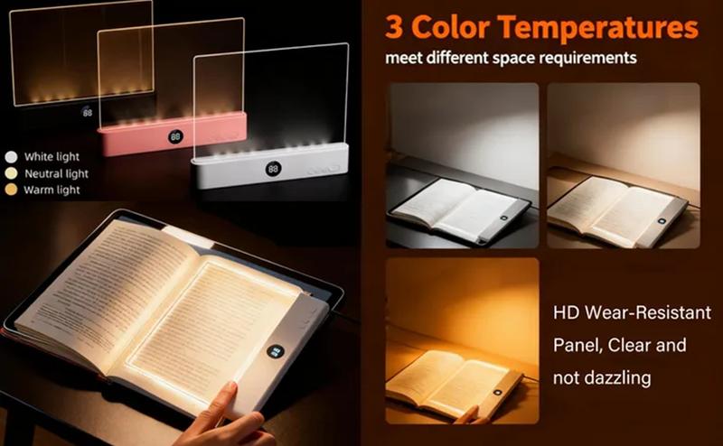 Rechargeable Transparent LED Book Light with Timer, Adjustable Brightness, Full-Page Illumination for Night Reading, Ideal Gift for Readers