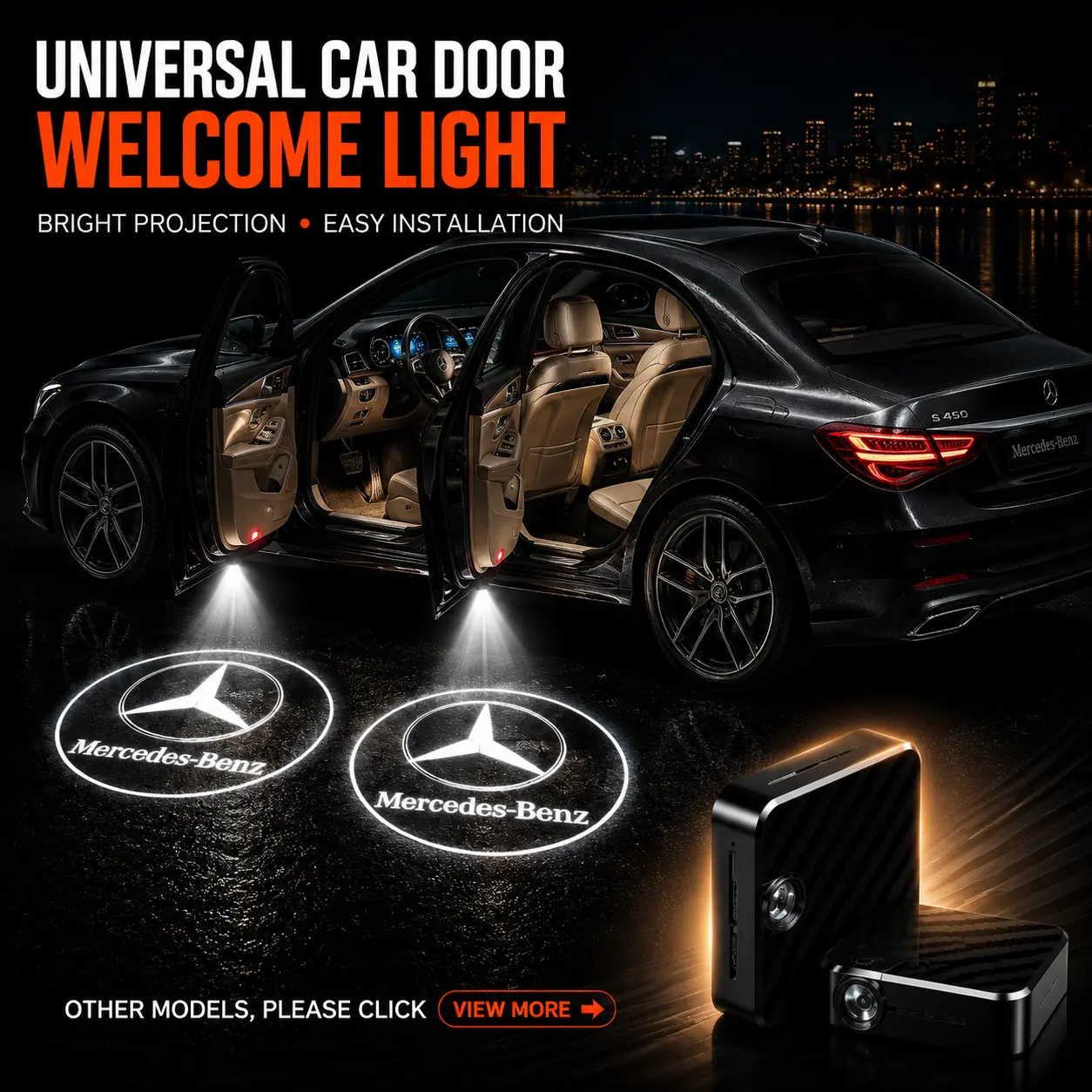 2 Pack Mercedes Benz Logo Wireless LED Car Door Projector Lights, HD Welcome Ghost Shadow Puddle Lamps, Magnetic Sensor No Drill Easy Install Courtesy Lights Fit C E S Class GLB GLC GLE GLS Luxury Sedan SUV Upgrade Auto Interior Mod Accessories, Sensor Li
