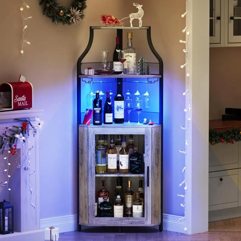 Gaomon Grey Corner Bar Cabinet with LED Lights & Handle, 5-Tier Industrial Liquor Cabinet with Adjustable Shelf & Glass Holder, Home Coffee Bar Indoor Furniture