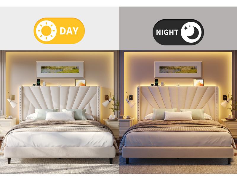 Raybee Full/ Queen/King Size Bed Frame with 51" Velvet Upholstered Headboard, up to 900 LBS ,Platform Bedframe with Charging Station and LED Lights, Wingback Headboard, No Box Spring Needed, Noise-Free[Black Friday]