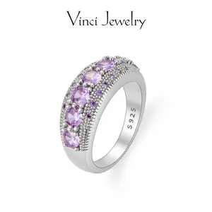 925 Sterling Silver Ring Round Purple CZ, Created Pink Topaz & Amethyst,  Elegant Silver Ring Gift for Women