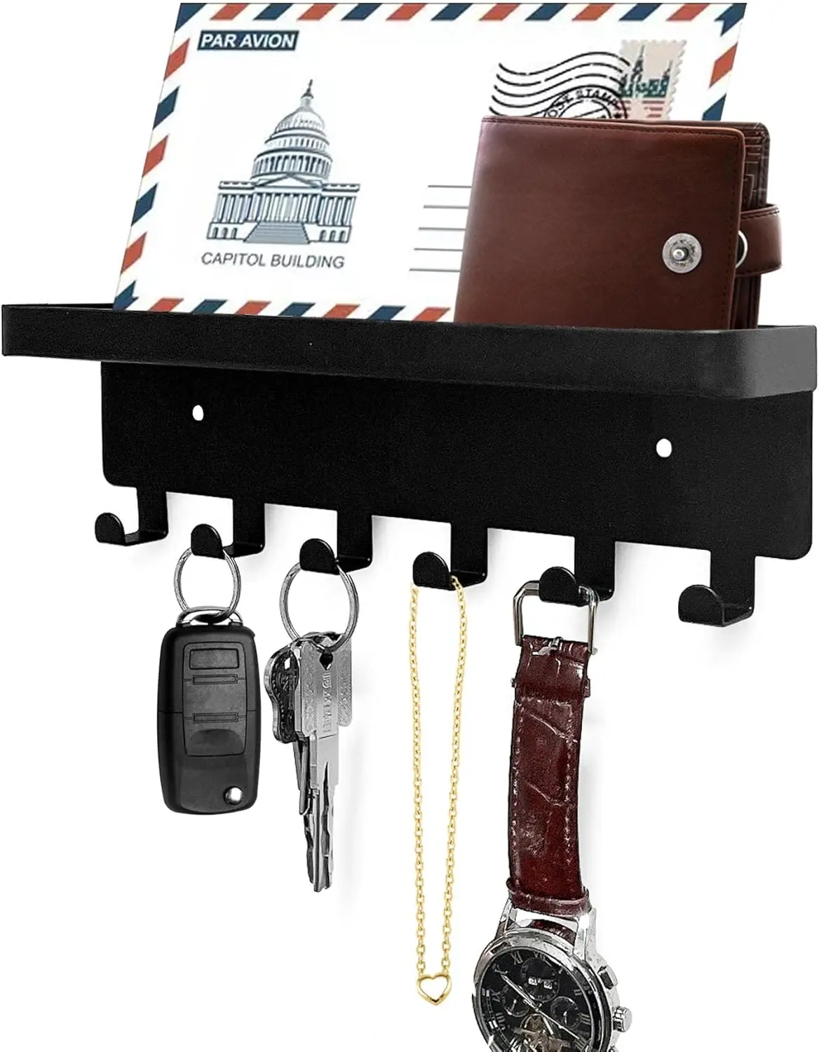 for Wall Key Hooks with Tray and 6 Hooks, Wall Mounted Key Holder for Hallway, Key Rack with Shelf for Mail Storage (Black)