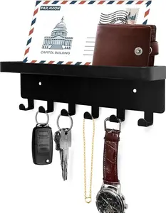 for Wall Key Hooks with Tray and 6 Hooks, Wall Mounted Key Holder for Hallway, Key Rack with Shelf for Mail Storage (Black)