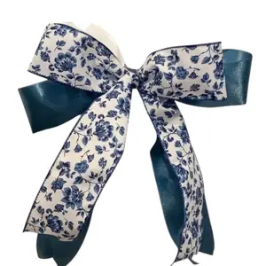 Blue Floral Chinoiserie Satin Bow, Farmhouse Door Wreath Accent, Housewarming Gift