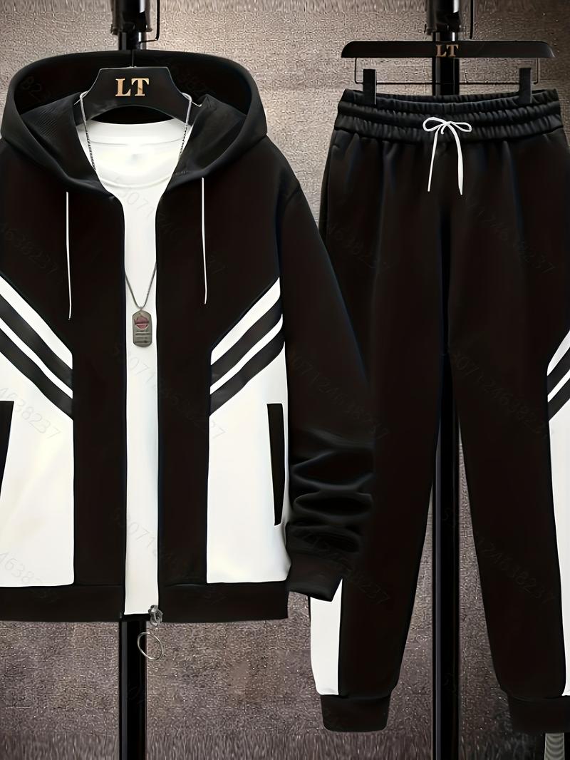 Black and White Colorblock Hooded Sports Set Trendy Versatile Comfortable Casual Wear High-End Feel
