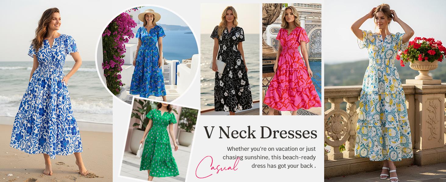 Wenrine Women&lsquo;s Summer Short Sleeve Maxi Dresses Casual Floral V Neck Smocked Tiered Flowy Boho Beach Sundress