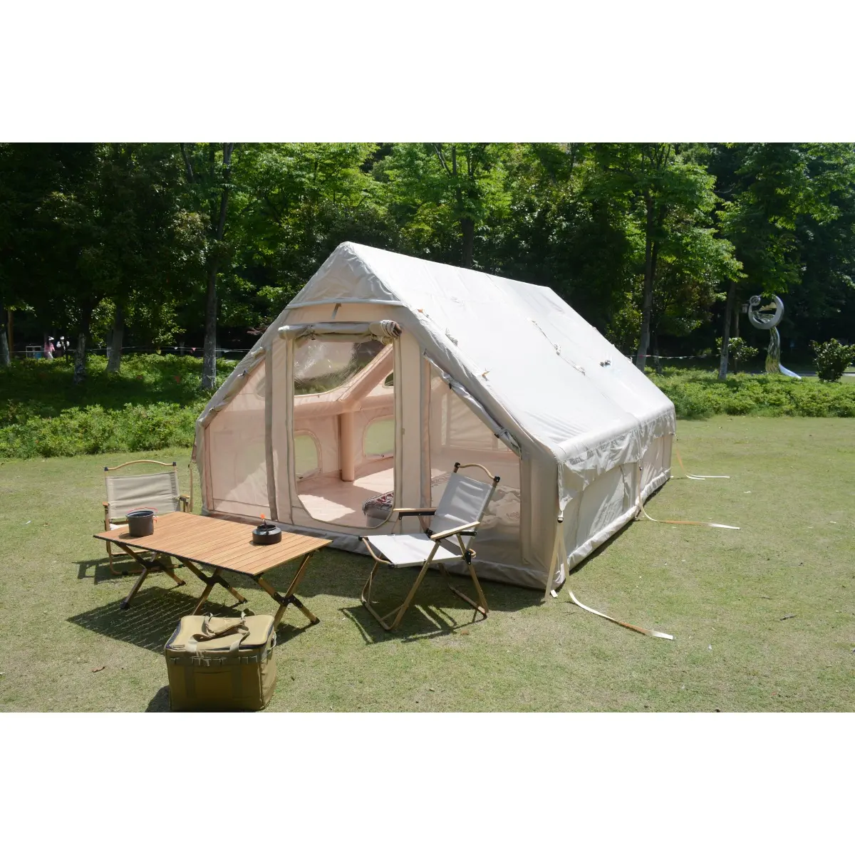 Aobtkel Inflatable Family Camping Tent 9.8x13ft with Hand Pump 4 Season Air Tent Waterproof Windproof PU3000mm UPF50+ Chimney Window 5-Min Quick Setup Sleeps 4 Seats 7-8 Mesh Doors Cabin Glamping Shelter Beige Gift