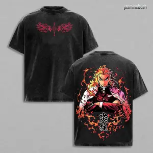 Hashira Demon Slayer T-Shirt - Kyojuro Rengoku Anime Double Printed Vintage Washed Tee Unisex Oversize Anime Manga Washed Heavyweight Cotton T-shirt