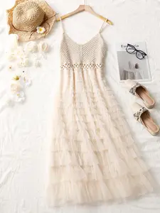 Beige Crochet Hollow Out Tullle Ruffle Slit Maxi Dress Summer Casual Party Dress