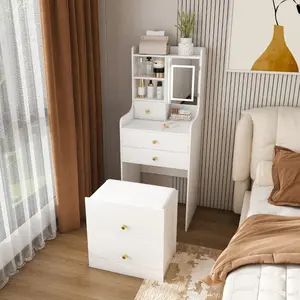 3-in-1 Dressing Table with LED Mirror & Storage Stool Compact Makeup Vanity 4 Drawers Storage Cabinet Hidden Stool White Density Board Design Open Bookshelf for Bedroom Organization