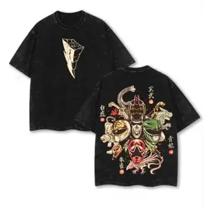 Retro Washed Power Rangers Four Symbols Graphic T-Shirt, Samurai Helmet Print, Oversized Unisex Casual Streetwear