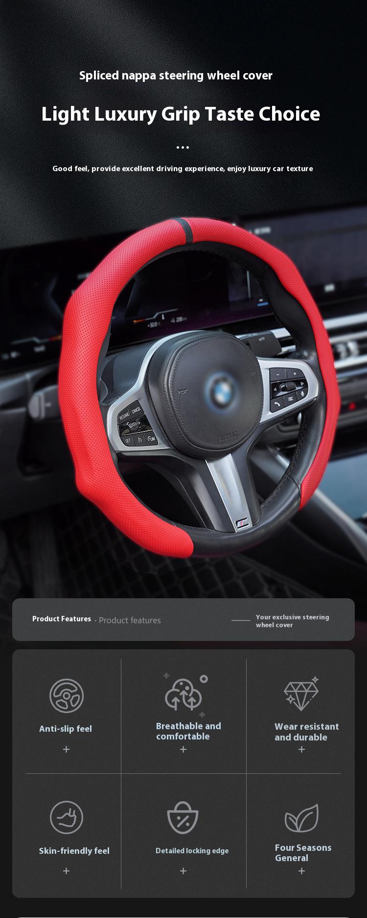 Napa Nappa Leather 15Inch 5D Premium Steering Wheel Cover Ultra-Thin Breathable Anti-Slip Sweat-Resistant Easy Install Universal Fit Enhance Driving Safety Comfort Must-Have Car Essential White