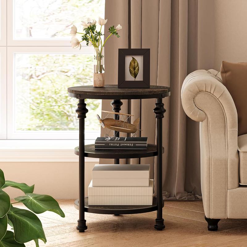 Round 3-Tier End Table with Storage, Rustic Farmhouse Side Table with Metal Column Legs, Dark Oak Accent Table for Living Room Bedroom, Industrial Style Nightstand, Easy Assembly