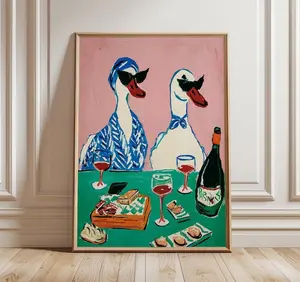 [Sale off up to 50%] [Free ship] [No Frame] Duck Wine Party Art Print, Quirky Animal Poster, Retro Wall Art with Ducks and Wine, Fun Dining Room or Kitchen Decor