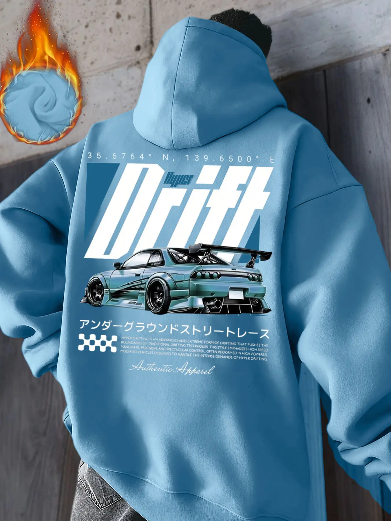 Hyper Drift Themed Blue Hoodie, Sweatshirts, Oversized Comfortable Long Sleeves Pullover with JDM Performance Car Print, Casual Streetwear for Teens & Adults’ Leisure Outings Japanese