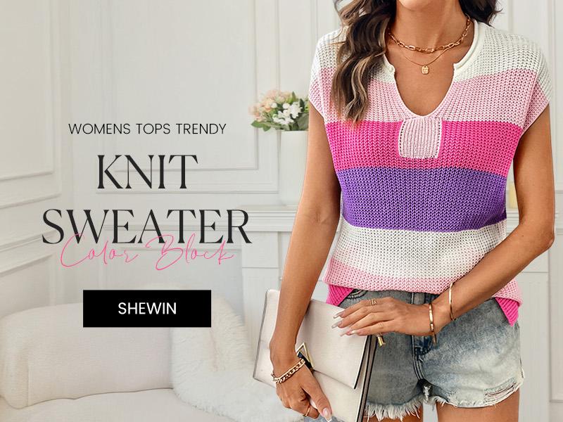 Shewin 2026 Spring/Summer Women's Striped Colorblock Knit Top - Breathable Hollowout V-Neck Short Sleeve Loose Casual Shirt for Daily Wear