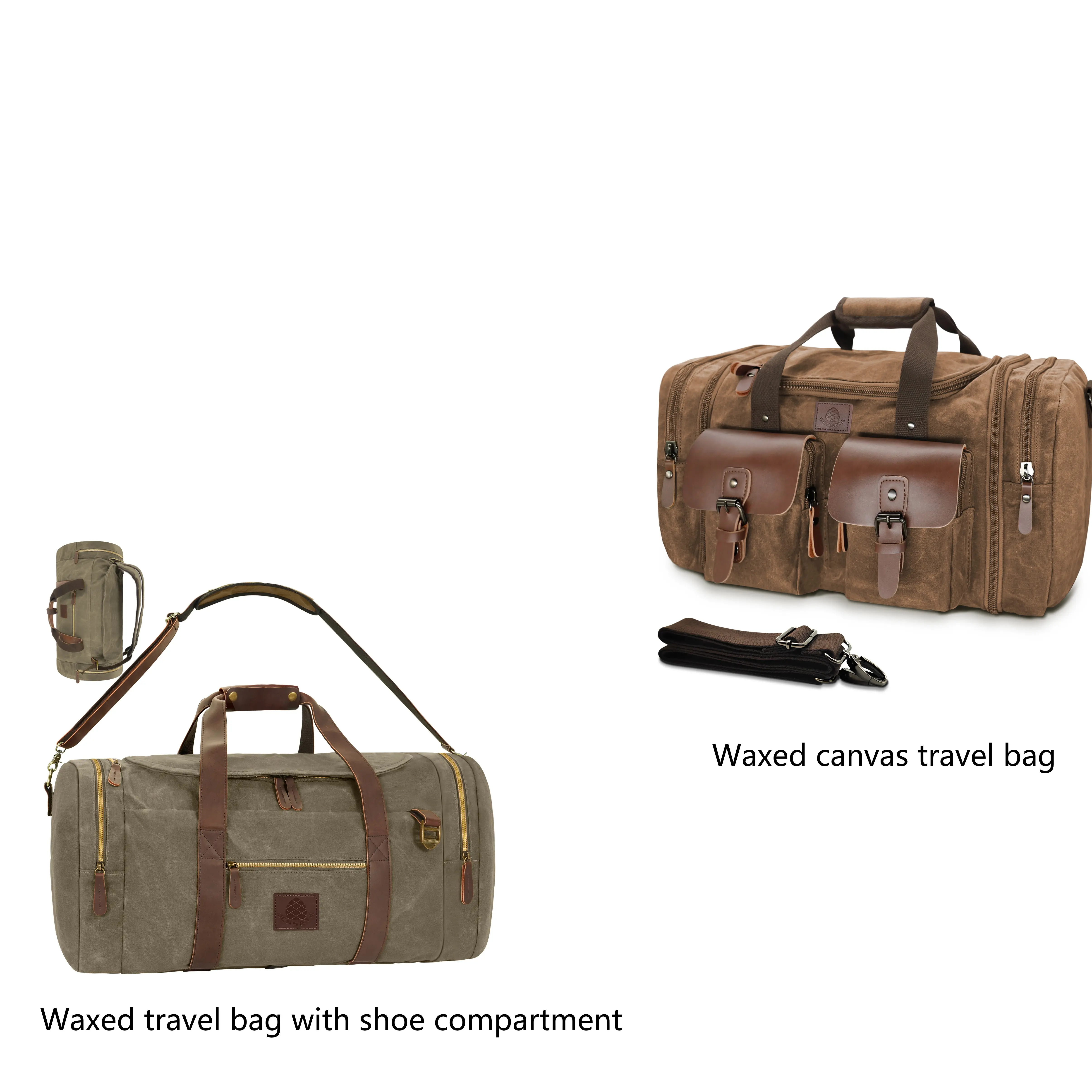 Waxed travel bag with shoe compartment