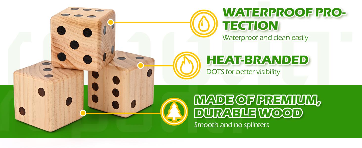 (Summer Turn-Up)Ropoda Giant Wooden Yard Dice Set - 3.5" Dice, Double Sided Scoreboard, Water Resistant, Collapsible Bucket, Dry Erase Marker - Perfect for Outdoor Games, BBQs, Beach, and Grad Parties, Summer Turn Up & Father's Day Deal
