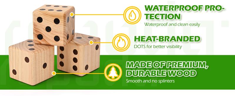 (Summer Turn-Up)Ropoda Giant Wooden Yard Dice Set - 3.5" Dice, Double Sided Scoreboard, Water Resistant, Collapsible Bucket, Dry Erase Marker - Perfect for Outdoor Games, BBQs, Beach, and Grad Parties, Summer Turn Up & Father's Day Deal