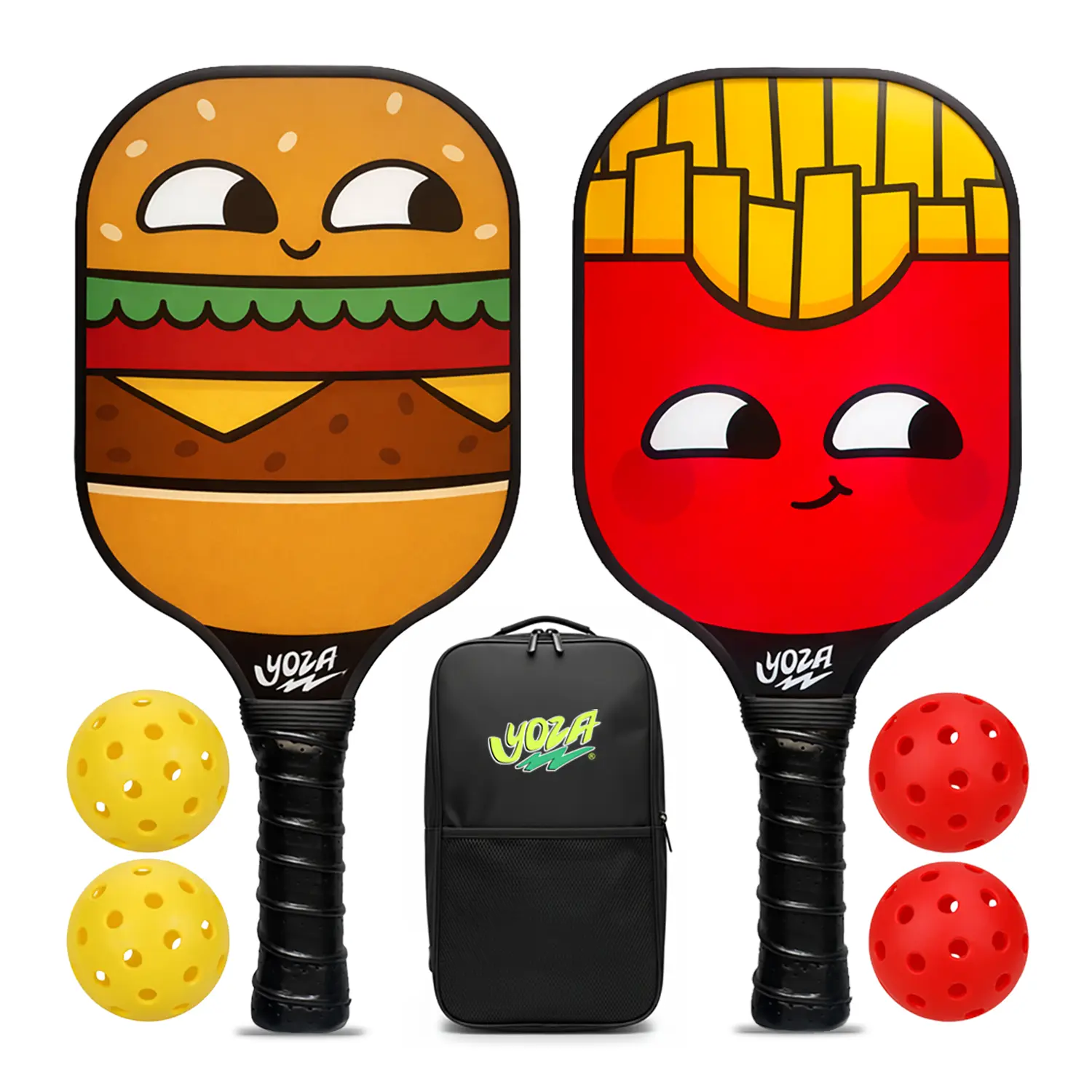 Pickleball Paddle Set for Beginners | Includes 2 Paddles, 4 Balls, Carry Bag | Cute, Kawaii Burger & Fries Characters | YOZA