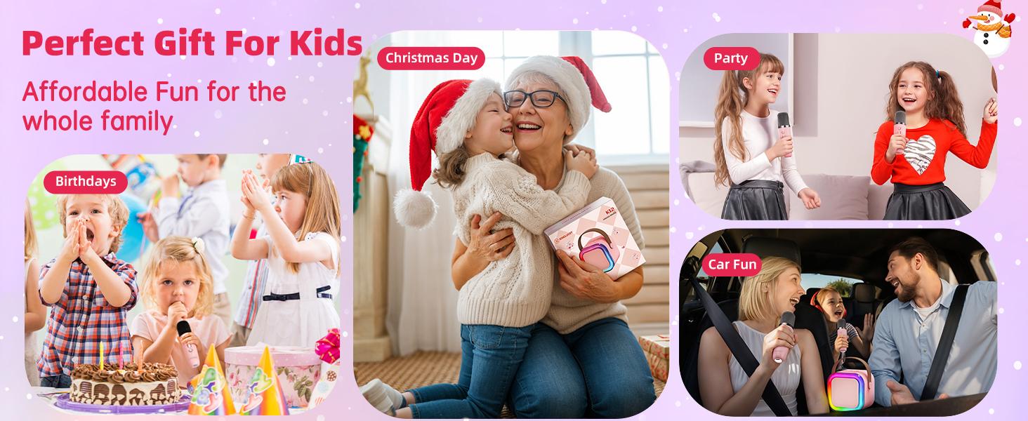 Mini Karaoke Machine K12 with Two Microphones, Colorful LED Lights, Suitable for Children Aged 8-14, Ideal for Family Parties and Birthday Gifts