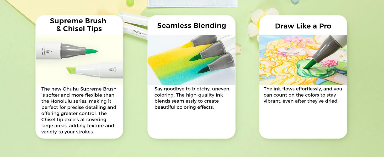 Ohuhu Alcohol Brush Markers: Supreme Brush& Chisel Dual Tips  - 24 colors - Alcohol-based Art Marker Set for Artist Adult Coloring Book Illustrations- Refillable - Honolulu Plus Series of Ohuhuart