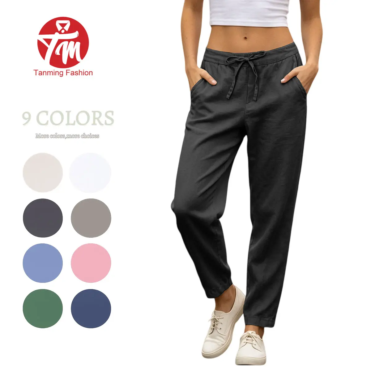 Tanming Women's Linen Pants - Lady's Fitted High-Waisted Drawstring Beach Trousers, Elastic Waist Tapered Bottoms, Basic Style Cotton-Linen Blend Women's Clothes for Casual Wear,summerwins,summeroutfits,vacationoutfits,beachoutfits,back to school shopping