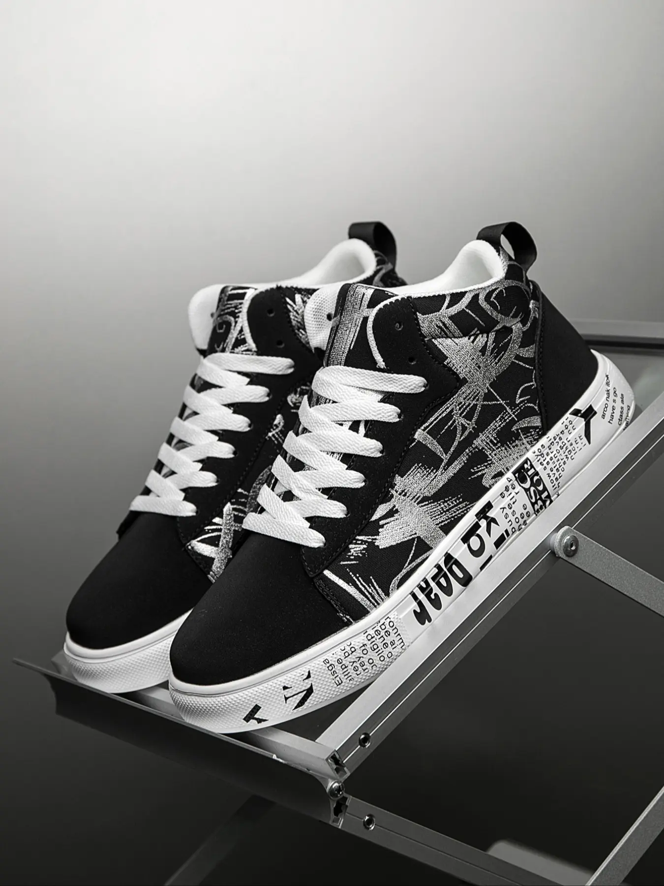 Men's Graffiti High Top Sneakers, Street Style Casual Shoes, Newspaper Print Thick Sole Canvas Sneakers, Student Versatile Skate Shoes