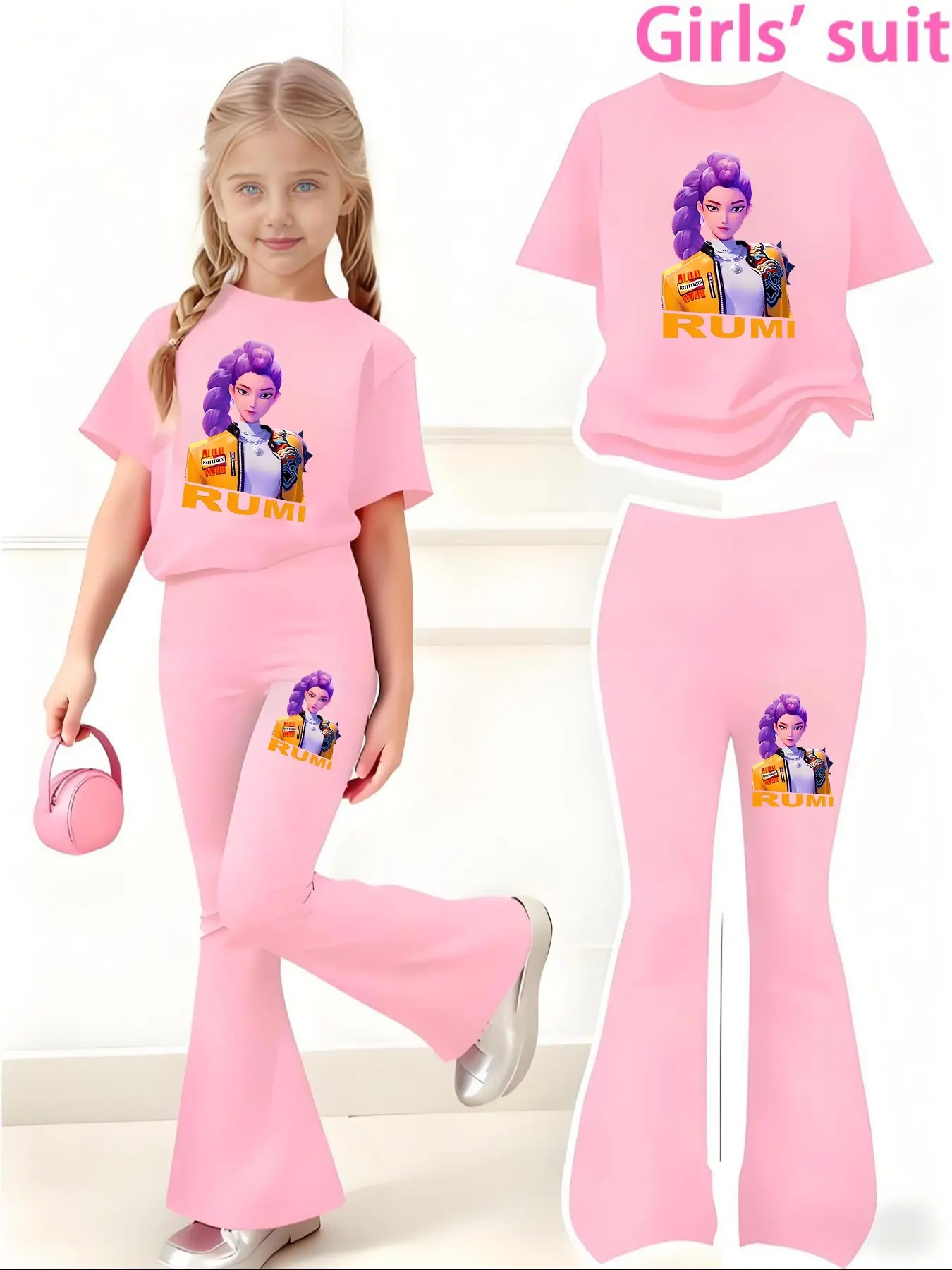 Girls' Kpop Print 2-Piece Set, Graphic Print Set, Summer Clothes Set, Summer Clothing Set, Casual Sporty Short Sleeve Top & Bell Bottom Pants, Comfortable Elastic Waist, Spring Summer, Fashion Set, Fashion Style Sets