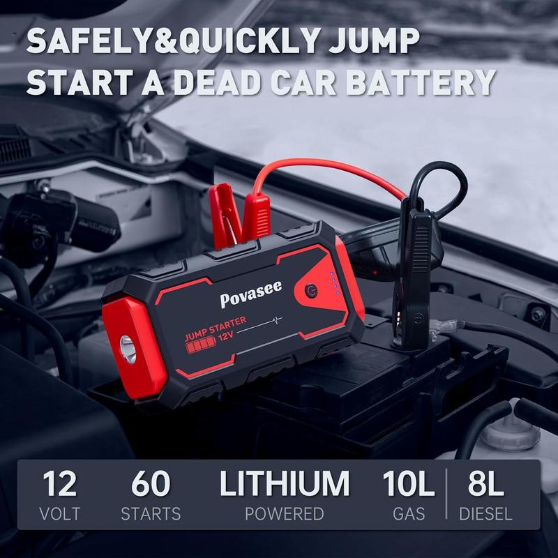 【Povasee】 5000A Portable Jump Starter 12V – Universal Car Battery Booster for Gas & Diesel Engines (Up to 10L/8L) with Built-in Power Bank & LED Light（2jump starter）