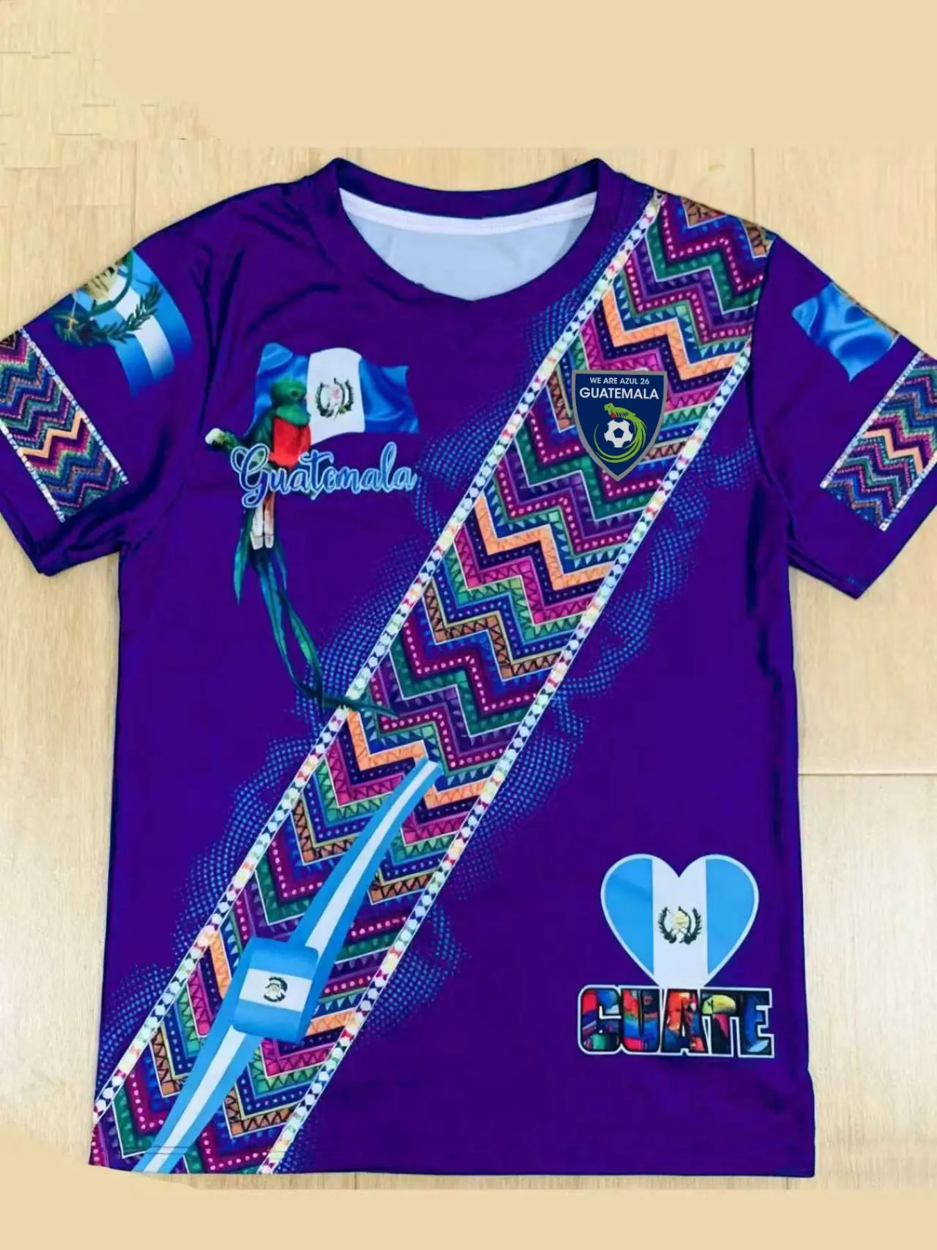 Guatemala Traditional Blue T-shirt, Active Shirts, All Seasons Activewear, Colorful Zigzag Pattern, Flag Elements, Parrot Design, Text Identifier, Unisex Crew Neck Sportswear, Casual Sportswear, All Seasons