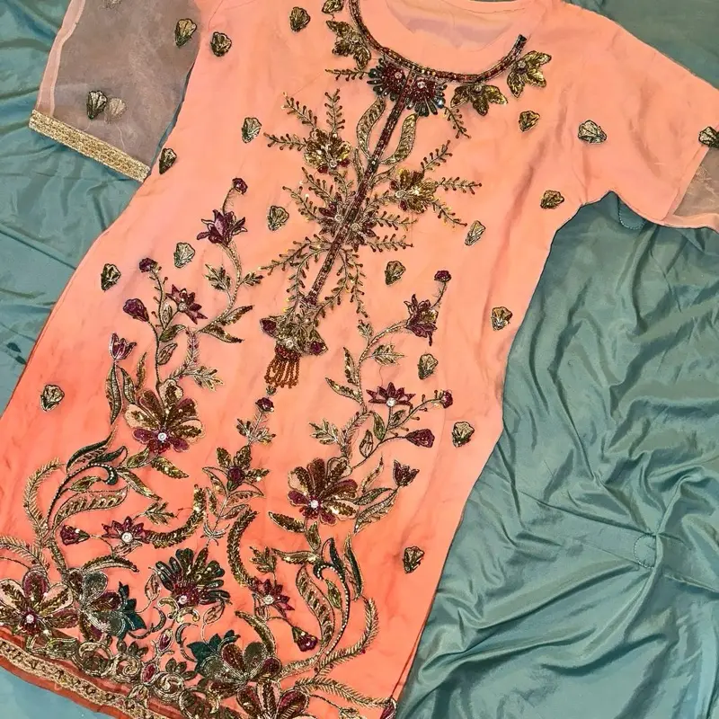 Women's Panjabi Set Fully Stitched with Embroidered Floral Design and Matching Dupatta