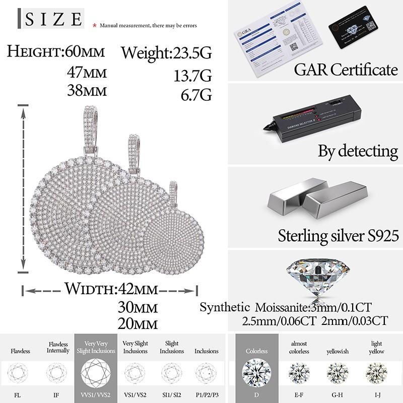 【#P159】Round Pendant UCCIYO Lab-Created Moissanite 925 Sterling Silver Moissanite Pendant Necklace, Round Pendant for Men and Women Hip Hop Jewelry Gift Fashion Accessories