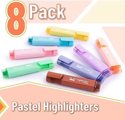 Pastel Highlighter, 8 pcs, Tank Style, Chisel Tip, Cute No Bleed Bible Highlighter, School Supplies