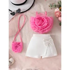 (New)3pcs Toddler Girl Fashion Mesh Large Flower Strap Top + Bow Short Skirt + Decorative Baby Casual Set