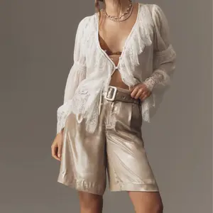 Anthropologie Liquid Shine Bermuda Shorts. Size: 2. Beige with Silver Foil.