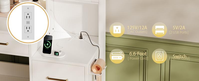 58.3”Vanity Desk with Mirror and Lights & Charging Station,Bedroom Dressing Table,Large Vanity Set,8 Drawers and 2 Cabinets,Makeup Vanity Table with Charging Station, Without Stool