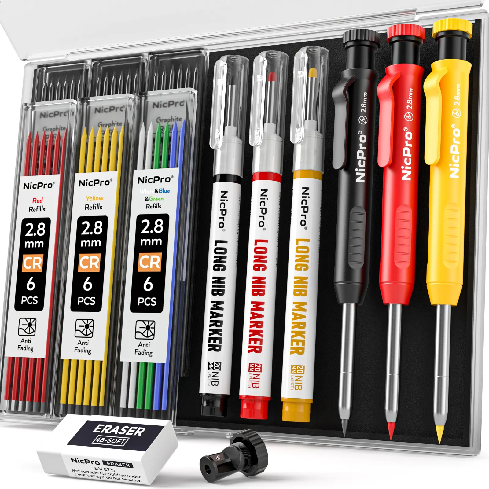 Nicpro Carpenter Pencil with Sharpener, Mechanical Carpenter Pencils with Refills, Deep Hole Long Nib Marker Pens for Construction, Heavy Duty Woodworking Pencil for Architect Marking,back to school,back to school shopping