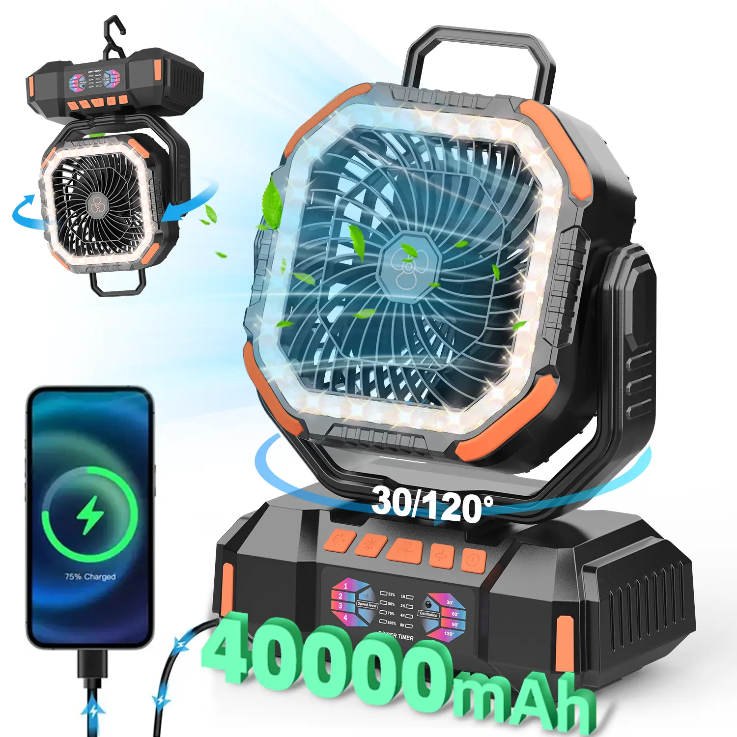 40000mAh Portable Handheld Mini Fan, Rechargeable Battery-Powered Multifunctional Travel Device with Remote, LED Light, 4-Speed Strong Airflow - Camping Fan for Desk, Outdoor Tent, Portable Handheld Fan,dorm essentials,home essentials