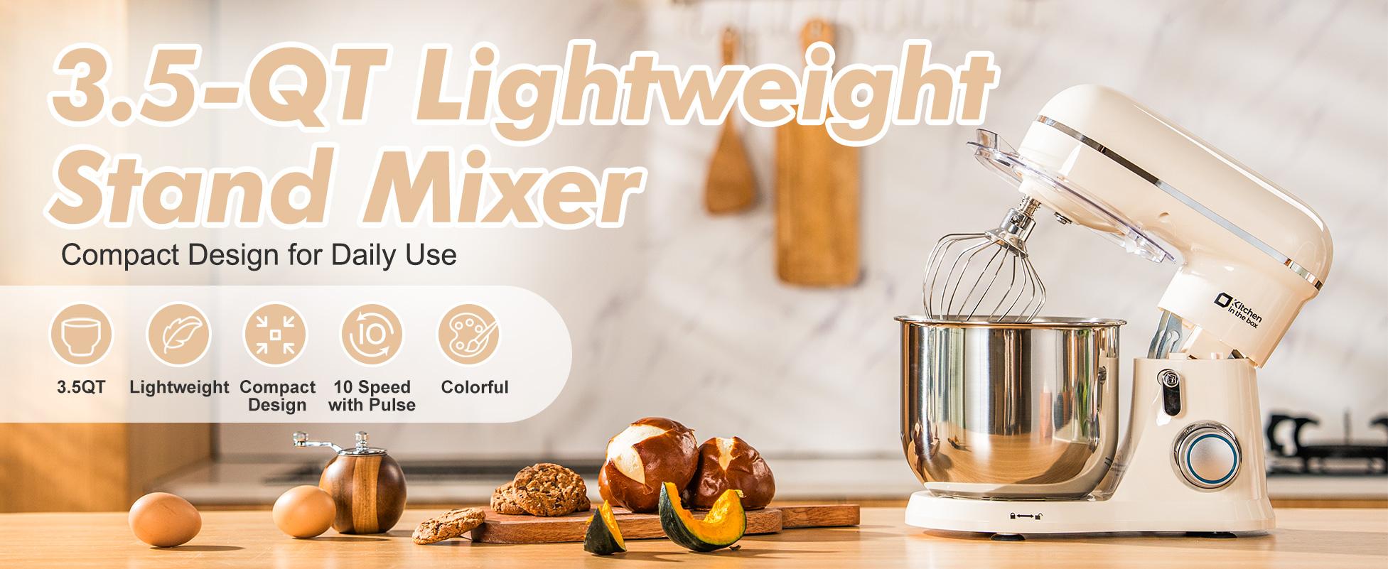 Kitchen in the Box Stand Mixer, 3.5QT Compact Kitchen Electric Mixer with Steal Mixing Bowls, 10-Speed Tilt-Head, Dough Hook, Flat Beater, Whisk – Lightweight, Small Stand Mixer for Baking, Cooking, Daily Use