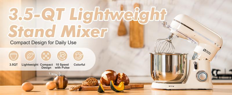 Kitchen in the Box Stand Mixer, 3.5QT Compact Kitchen Electric Mixer with Steal Mixing Bowls, 10-Speed Tilt-Head, Dough Hook, Flat Beater, Whisk – Lightweight, Small Stand Mixer for Baking, Cooking, Daily Use