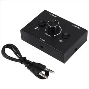 3.5mm Audio Switcher 2 Input 1 Output Splitter Box with One-Key Mute Button for Stereo Audio Sharing Black Plastic