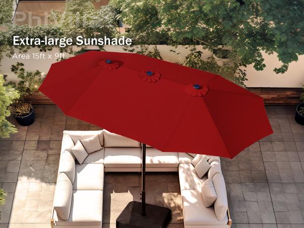 PHI VILLA Double-Sided Outdoor Patio Umbrella 15 ft Large with Crank, Steel Pole Metal Frame Includes Base, Easy to Clean, Sunshade Canopy, Ideal Gift for Home